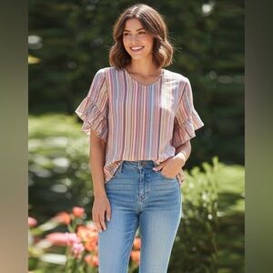 Drew multicolored vertical stripes delicate blouse, valance short sleeves, Med